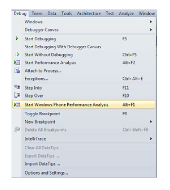 Meню Debug Visual Studio