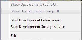 Сообщения, отображаемые нажатии правой кнопкой мыши по значку Development Fabric в области уведомлений панели задач