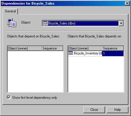 Диалоговое окно Dependencies для таблицы Bicycle_Sales