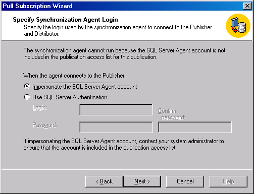 Окно Specify Synchronization Agent Login (Задать login-запись для агента синхронизации)