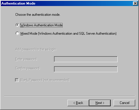 Диалоговое окно Authentication Mode (Режим аутентификации)
