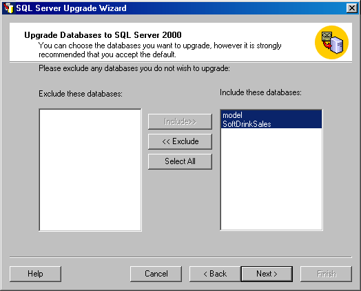 Экран Upgrade Databases to SQL Server 2000 (Обновлять базы данных к SQL Server 2000)