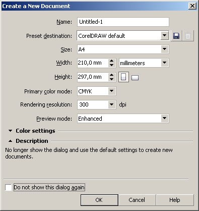 Окно создания документа в CorelDRAW