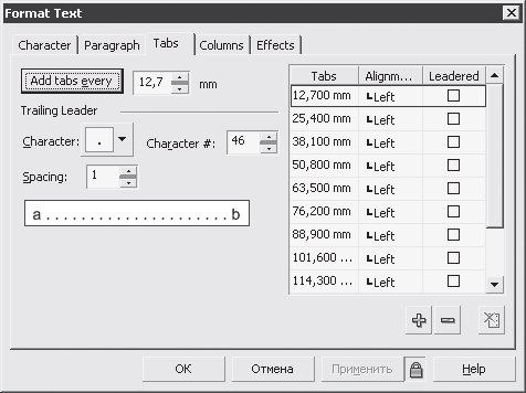 Вкладка Tabs (Табуляции) диалогового окна Format Text (Форматирование текста)