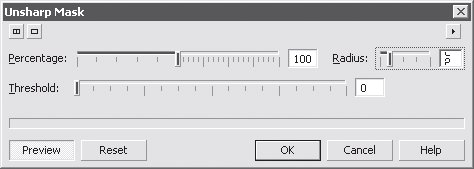 Диалоговое окно эффекта Unsharp Mask (Контурная резкость)