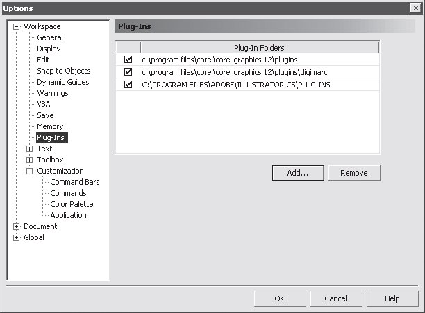 Страница Workspace/Plug(Ins (Рабочее пространство/Подключаемые модули) диалогового окна Options (Параметры)