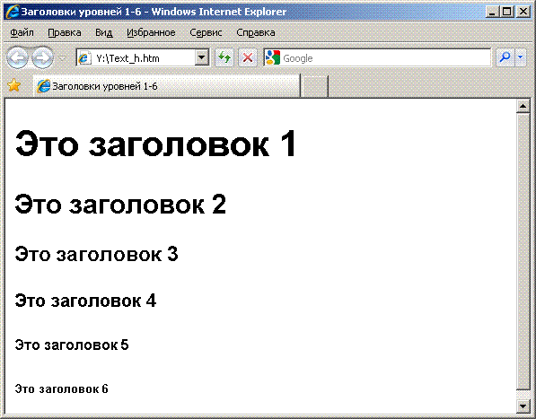 Заголовки уровней 1-6