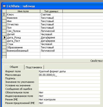 Поля таблицы LichData