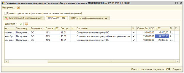 Проведение документа по регистру НДС по ОС, НМА