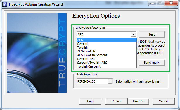 Выбор алгоритмов шифрования в TrueCrypt