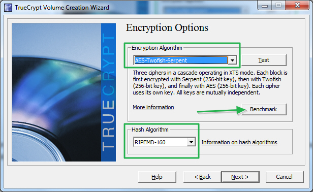 Выбор опций шифрования в TrueCrypt