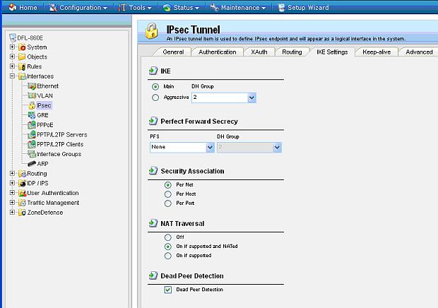Выбор действий «режим IKE», PFS, NAT Traversal, Dead Peer Detection в межсетевых экранах NetDefend