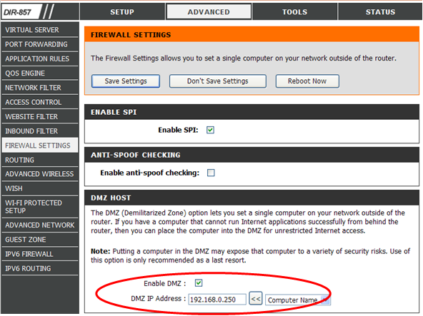 Использование функции DMZ на примере маршрутизатора DIR-857