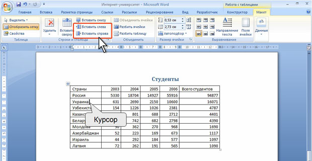 Добавление столбцов с использованием контекстной вкладки Макет