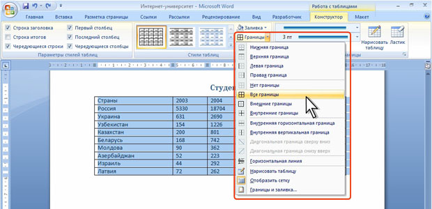 Выбор расположения границ