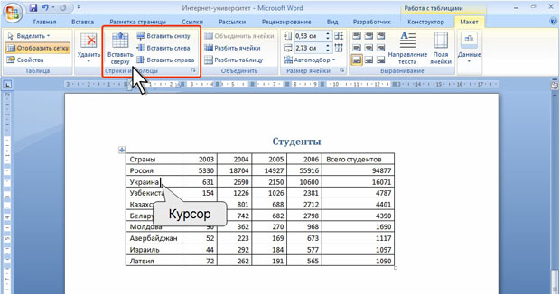 Добавление строк с использованием контекстной вкладки Макет