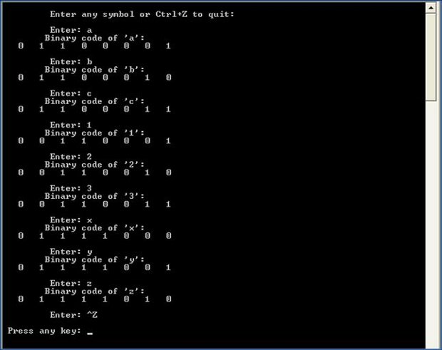 Пример вывода двоичных кодов заданных символов
