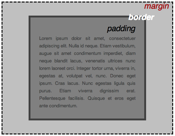 Иллюстрация различных частей бокса элемента, помеченных соответствующими свойствами CSS.