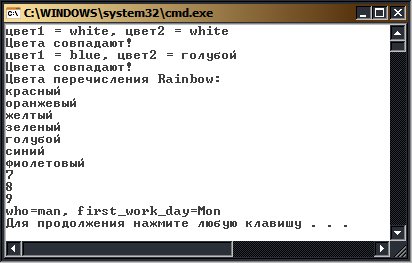 Результаты работа теста, демонстрирующего работу с объектами перечислений      