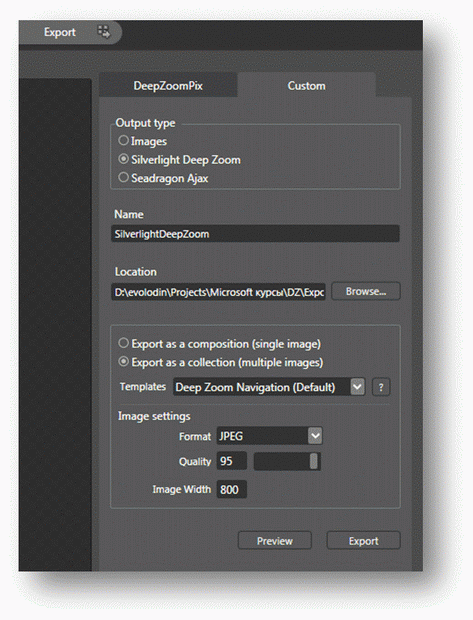 Экспорт проекта Deep Zoom в проект Silverlight