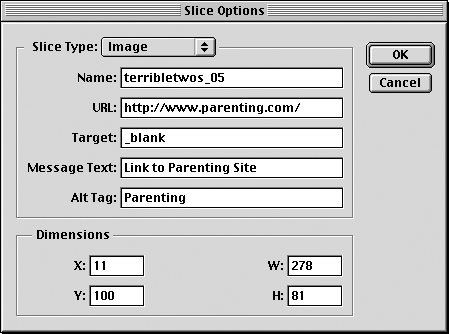 Диалоговое окно Slice Options