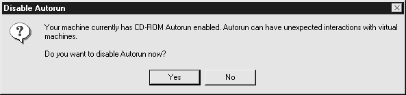 (В настоящее время на вашей машине включена автоматическая загрузка программ с CD. Автозагрузка может неожиданно повлиять на виртуальные машины. Отключить поддержку автоматического автозапуска?)