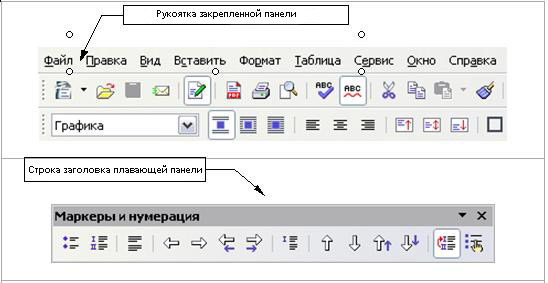 Перемещение панелей инструментов