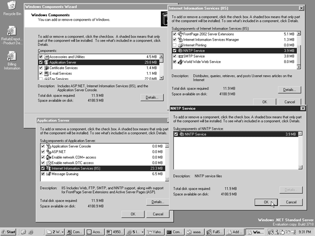 Окна установки компонентов Windows, используемые для установки службы NNTP