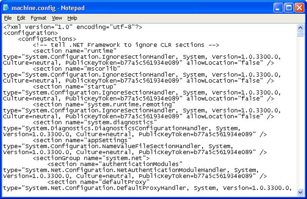 Файл machine.config, открытый в Блокноте