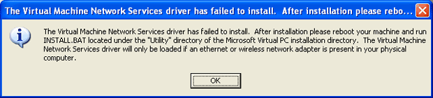 Сообщение о невозможности установить драйвер сетевых служб виртуальной машины
