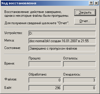 Окно "Ход восстановления" после завершения процесса восстановления