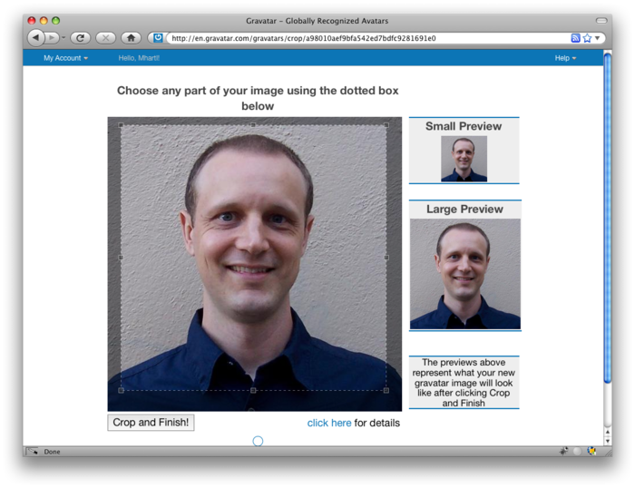 Интерфейс обрезки изображений Gravatar с фоткой какого-то чувака.