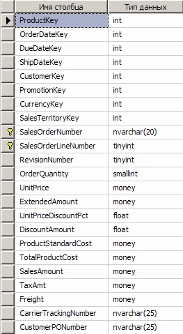  Столбцы таблицы FactInternetSales и их типы данных 