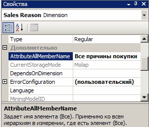  Значение свойства "AttributeAllMemberName" измерения "Sales Reason"