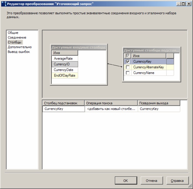  Вкладка "Столбцы" редактора преобразования "Уточняющий запрос"