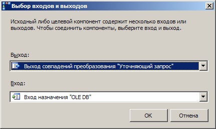  Выбор входов и выходов при соединении компонентов "Уточняющий запрос DateID" и "Назначение OLE DB"