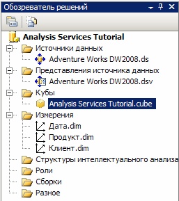  Куб Analysis Services Tutorial в обозревателе решений 