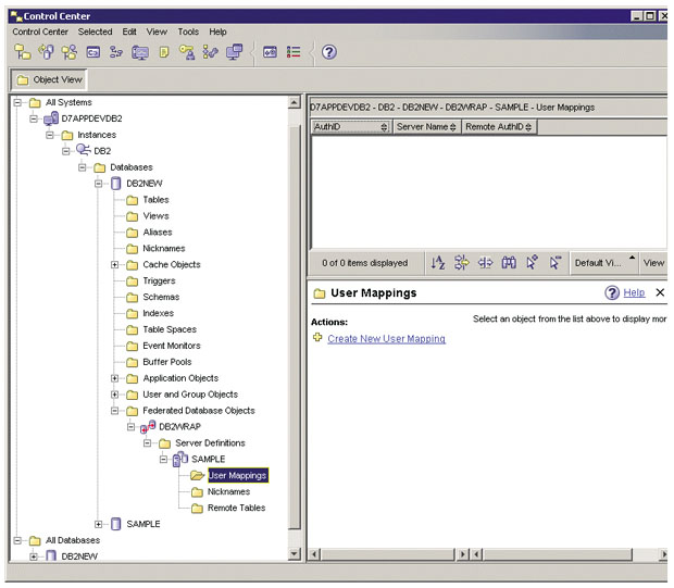 Окно DB2 Control Center: User Mappings
