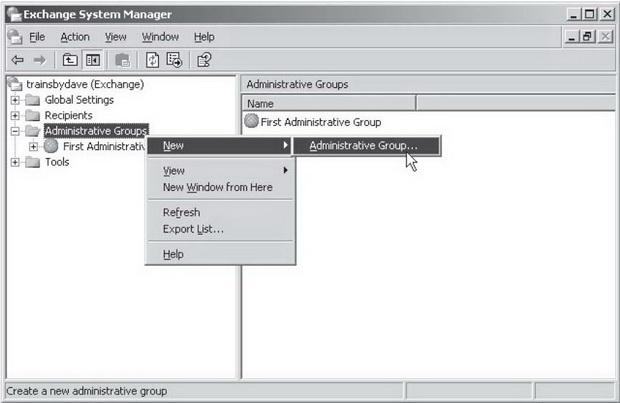 Создание новой группы администрирования в Exchange System Manager