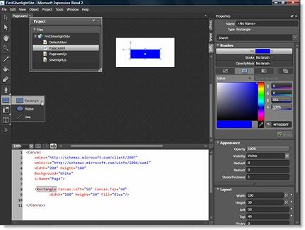  Редактор Microsoft Expression Blend в режиме "Split". Silverlight-приложение 