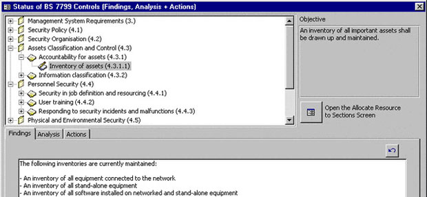 Окно анализа несоответствий требованиям стандарта ISO17799/BS7799