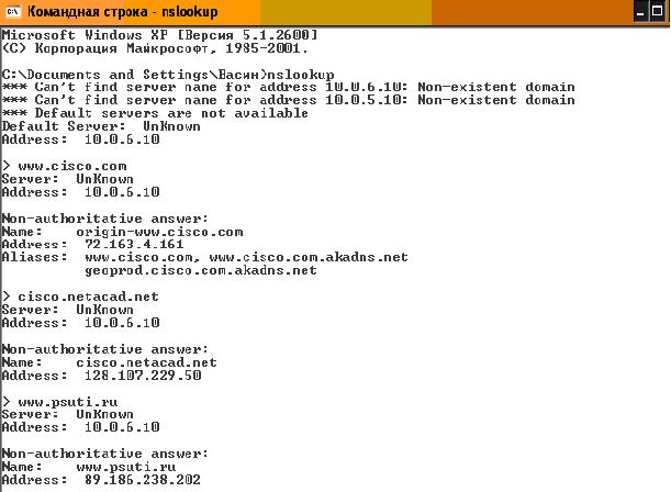 Пример выполнения команды nslookup