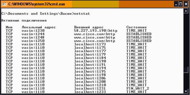 Результат выполнения команды netstat