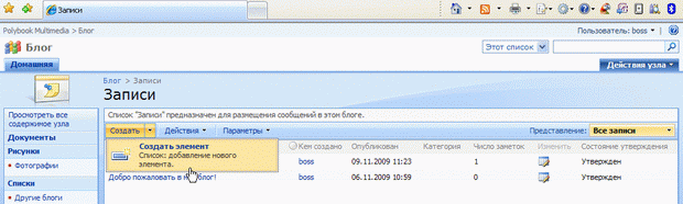 Добавление записи в блоге при помощи команды Создать элемент