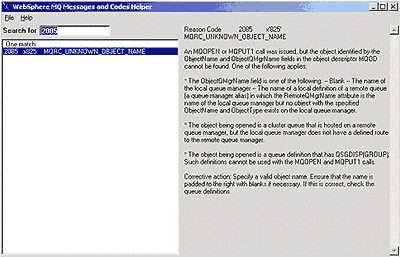 Внешний вид программы WebSphere MQ Messages and Codes Helper