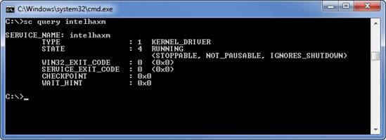 В командной строке показан статус службы Intel HAXM