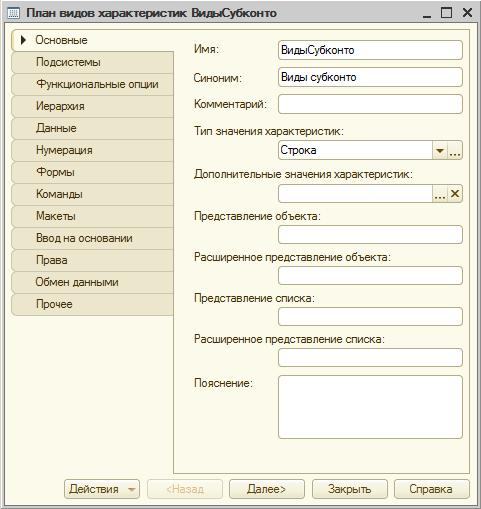 План видов характеристик ВидыСубконто