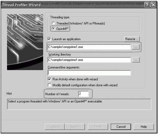 Открытие проекта и выбор настроек в программе Intel Thread Profiler 