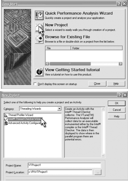 Создание нового проекта в программе Intel Thread Checker 