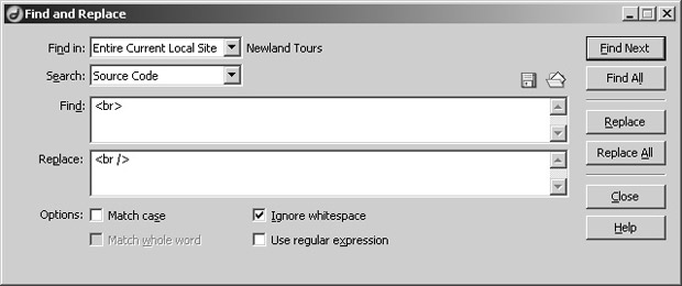 Диалоговое окно Find and Replace (Найти и заменить) – мощный инструмент, позволяющий автоматизировать масштабные изменения на сайте, например, модернизацию кода до XHTML